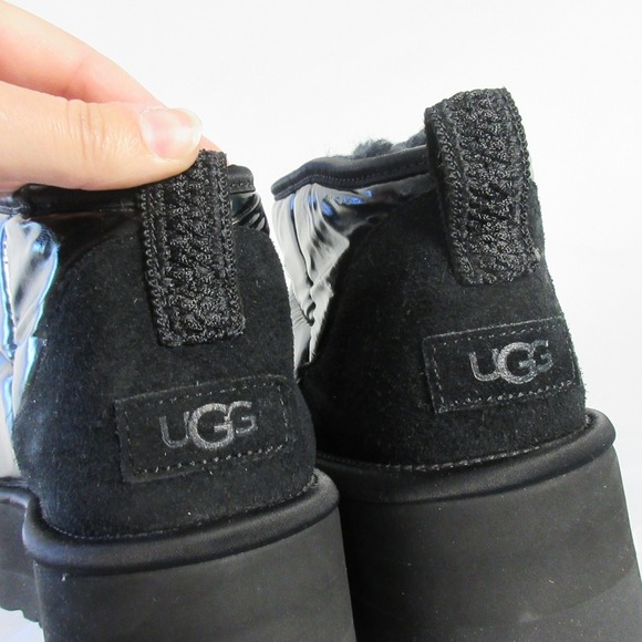 UGG Plush Platform Ankle Boots Women 11 Black Wool Mini Ultra Patent Y2K 942 - Picture 5 of 13